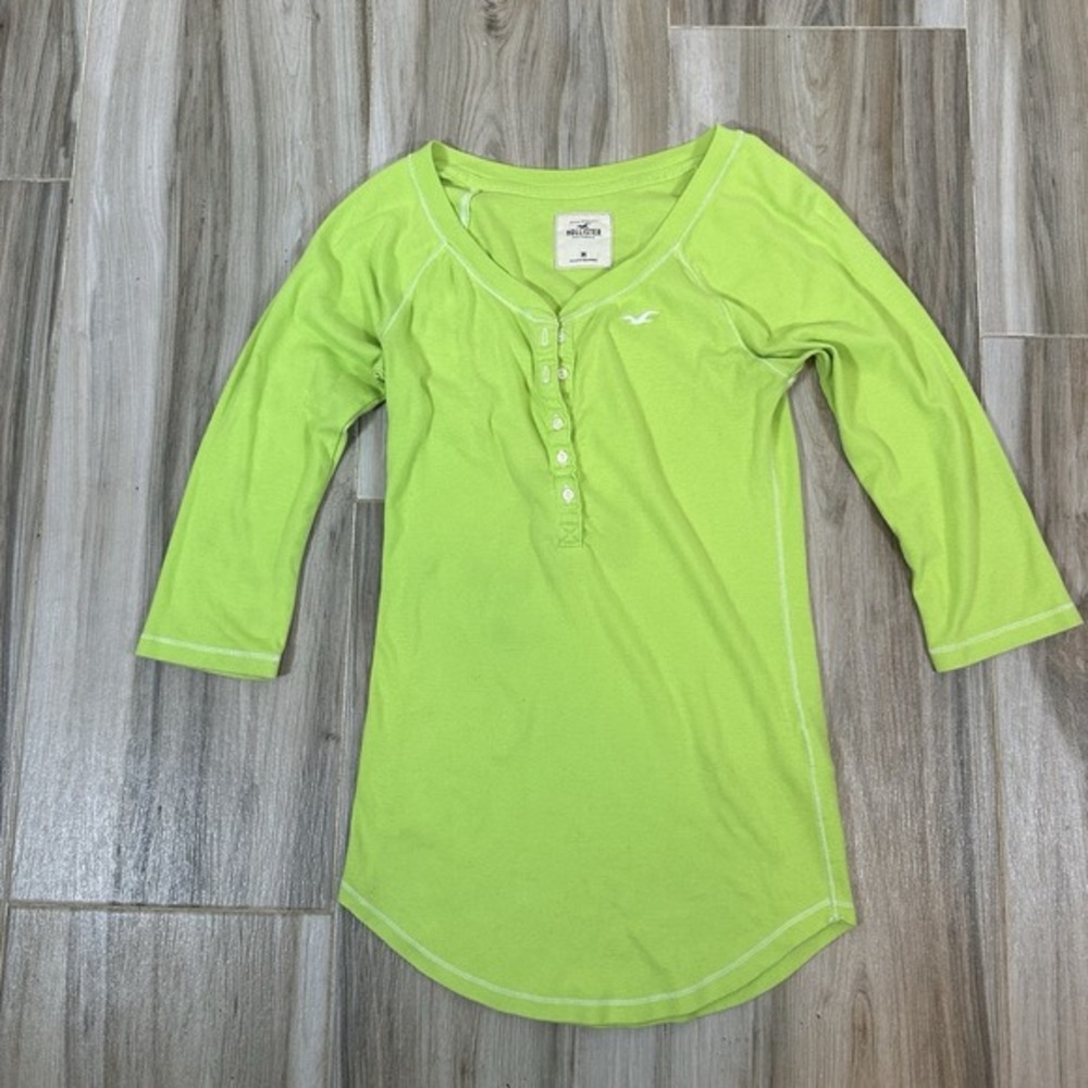 VTG Hollister Cotton Soft Knit Henley Shirt Lime Green Medium Rave Preppy‎